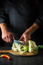 The chef is cutting cauliflower in a restaurant kitchen. The idea of a delicious diet for breakfast or dinner Royalty Free Stock Photo