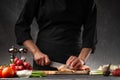 Chef cutting chicken meat, ingredients for cooking on a background of vegetables. Culinary recipes, cookbooks