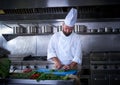 Chef cutting chives in restaurant kitchen