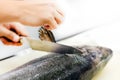 Chef cutting fish, Chef slices fish fresh on Board in the kitchen Royalty Free Stock Photo