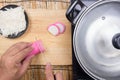 Chef cutting kamaboko Japanese fish cake Royalty Free Stock Photo