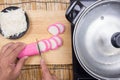 Chef cutting kamaboko Japanese fish cake Royalty Free Stock Photo