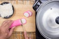 Chef cutting kamaboko Japanese fish cake Royalty Free Stock Photo