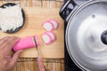 Chef cutting kamaboko Japanese fish cake Royalty Free Stock Photo