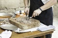 Chef cutting meat Royalty Free Stock Photo