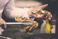 Chef cutting the meat,Hand sliced