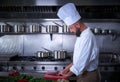 Chef cutting meat in restaurant kitchen Royalty Free Stock Photo