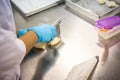 The chef are cutting and molding dough. Royalty Free Stock Photo