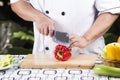 Chef cutting red bell pepper Royalty Free Stock Photo