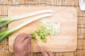 Chef cutting scallion on wooden broad Royalty Free Stock Photo