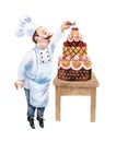 The chef decorates a cake. Watercolor.