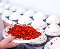 A chef decorates cakes in a confectionery factory with fresh cherry. Dessert mass production, background, industry, confectioner Royalty Free Stock Photo