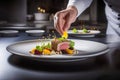 chef decorates dishes with steak. Generative AI