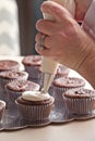 Chef decorating chocolate cupcakes - hands Royalty Free Stock Photo