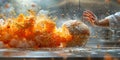 A chef is delicately sprinkling vibrant orange powder onto a freshly baked loaf of sliced bread, adding a burst of Royalty Free Stock Photo