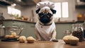 chef with dog A pug puppy wearing a tiny chef hat and apron, standing on a stool in a kitchen, hilariously Royalty Free Stock Photo