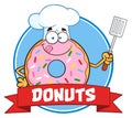 Chef Donut Cartoon Character With Sprinkles Circle Label With Text