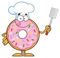 Chef Donut Cartoon Character With Sprinkles Holding A Slotted Spatula