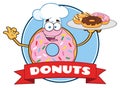 Chef Donut Cartoon Mascot Character With Sprinkles Circle Label Design.