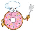 Chef Donut Cartoon Mascot Character With Sprinkles Holding A Slotted Spatula.