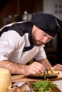 chef dressing salad with fresh greens, adding finishing touch on dish Royalty Free Stock Photo