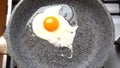 Chef egg in a frying pan over an gas burning stove Royalty Free Stock Photo