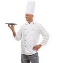 Chef, empty plate and smile, presenting menu special promo deal or restaurant product placement space. Happy cafe, cook