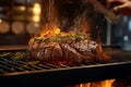 A chef expertly grilling a succulent steak over an open flame, with sizzling sparks and mouthwatering grill marks, representing