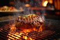 A chef expertly grilling a succulent steak over an open flame, with sizzling sparks and mouthwatering grill marks, representing