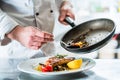 Chef finishing food in his restaurant kitchen Royalty Free Stock Photo