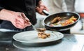 Chef finishing food on plate in restaurant kitchen