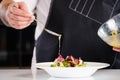 Chef finishing her plate. The cook pours the salad from a spoon with sauce. Royalty Free Stock Photo