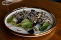 Chef finishing her plate and almost ready to serve at the table. Only hands. Finally dish dressing Royalty Free Stock Photo