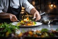 A chef focuses on preparing a delicious plate of food with meticulous attention to detail, gourmet dish being prepared in a high- Royalty Free Stock Photo