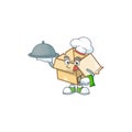 Chef with food cardboard open in the cartoon shape