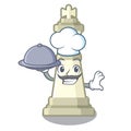 Chef with food king chess above wooden cartoon table