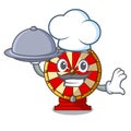 Chef with food spinning wheel beside wooden cartoon table