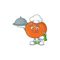 Chef with food tangerine cartoon mascot on white background