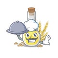 Chef with food wheat germ oil in a cartoon