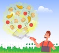 Chef fries bbq and throwing meat, mushrooms, peppers, vegetables. Color vector flat cartoon icon