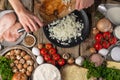 Chef Fries Onions In A Frying Pan Top View Ingredients Background