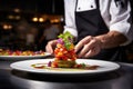 chef garnishing a dish of ratatouille Royalty Free Stock Photo