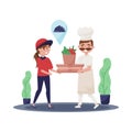 Chef gives ready order to courier. Young girl and cook in working uniform. Food delivery service. Flat vector design Royalty Free Stock Photo