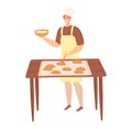 Chef glazing pastries on baking sheet in kitchen. Male baker with apron and chef's hat preparing cookies. Baking and