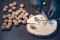 Chef in gloves chops walnuts with a knife on a wooden board