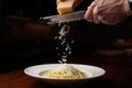 Chef grating parmesan cheese over fresh pasta dish Royalty Free Stock Photo