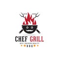 Chef grill logo design, chef face in grill and fire fork spatula logo, barbeque, restaurant logo, smoke and grills vector template Royalty Free Stock Photo