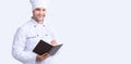 Chef Guy Writing Recipes Standing Over White Background, Panorama