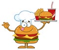 Chef Hamburger Cartoon Character Holding A Platter With Burger, French Fries And A Soda