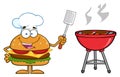 Chef Hamburger Cartoon Character Holding A Slotted Spatula By A Barbecue